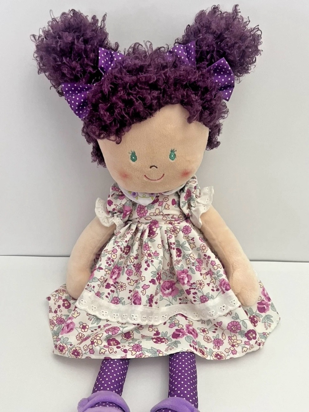 GANZ Sophia Plush Doll Purple Hair Bows Shoes Teal Embroidered Eyes Floral Dress